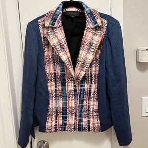 Carlisle Women’s Blazer Jacket 18 Blue w/ Colorful Knit Panel Mixed Media lined